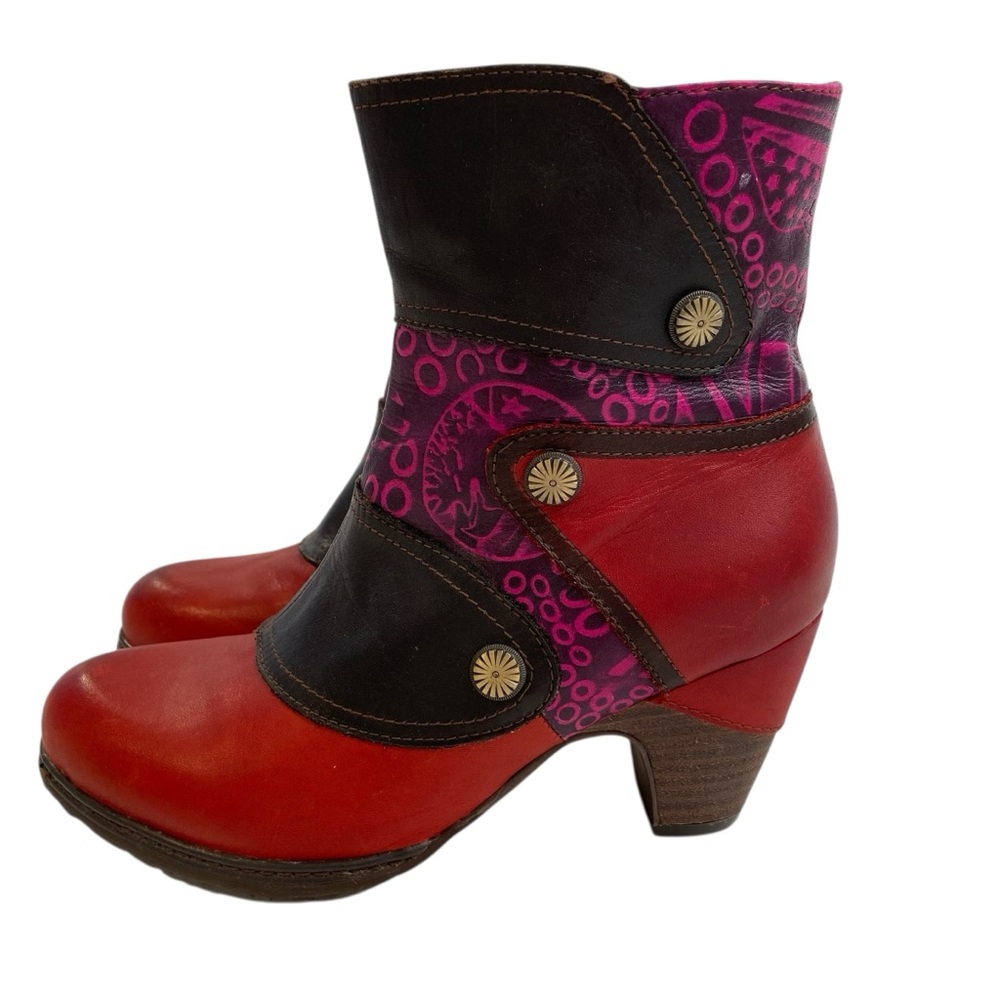 Italmoda red genuine leather ankle boots boho artsy patchwork chunky heel 36